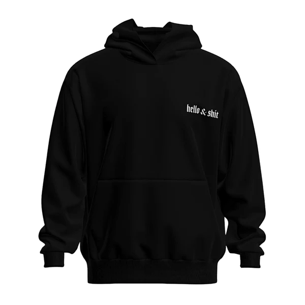 Hello and Shit Hoodie Front – Leo Skepi Merch Leo Skepi Hello and Shit Hoodie front view – iconic streetwear hoodie with bold print