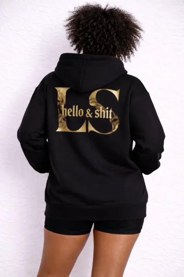 Gold Hello and Shit Hoodie Back – Leo Skepi Merch Leo Skepi Gold Hello and Shit Hoodie back view – premium black streetwear hoodie