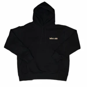 Leo Skepi Gold Hello and Shit Hoodie front view – black streetwear hoodie with gold graphic