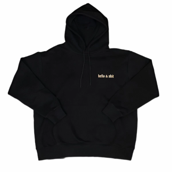 Gold Hello and Shit Hoodie Front – Leo Skepi Merch Leo Skepi Gold Hello and Shit Hoodie front view – black streetwear hoodie with gold graphic