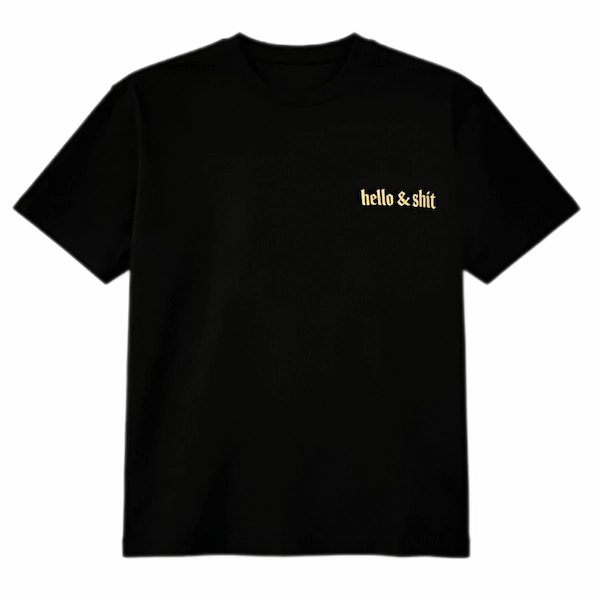 Leo Skepi Gold Hello and Shit Tee front view – minimalist gold print streetwear t-shirt