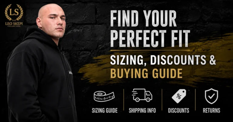 Leo Skepi wearing a black hoodie and joggers, standing against a dark gold-splattered background. Text reads "Made For Those Who Don't Fit In" with sizing options: Oversized Fit, True to Size, and Slim Fit. Icons highlight Premium Quality, Secure Checkout, and Hassle-Free Support.