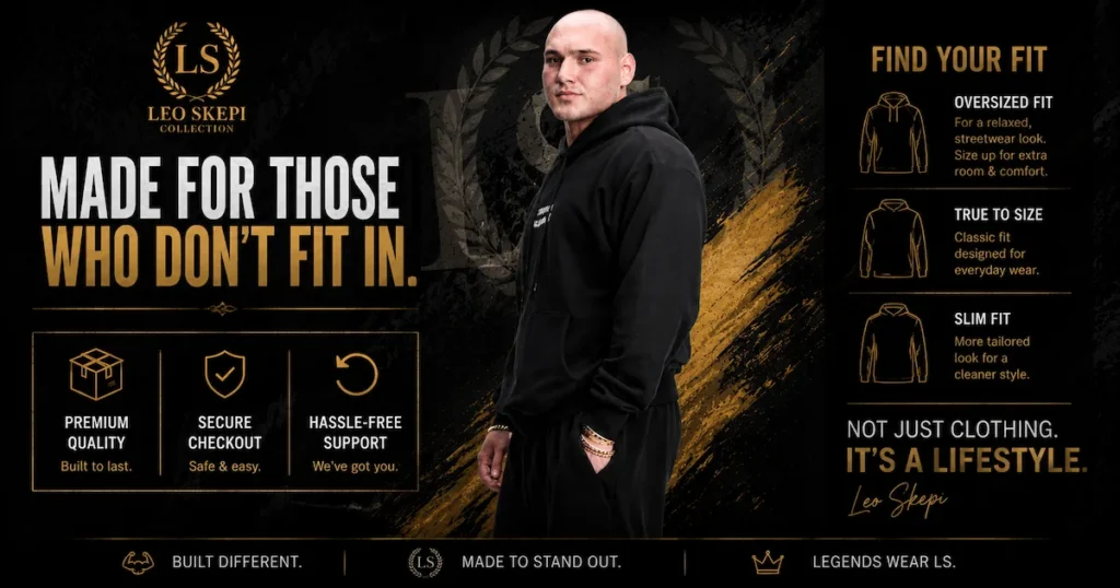 Leo Skepi in a black hoodie against a dark brick wall background. Text reads "Find Your Perfect Fit – Sizing, Discounts & Buying Guide" with four icons representing Sizing Guide, Shipping Info, Discounts, and Returns.