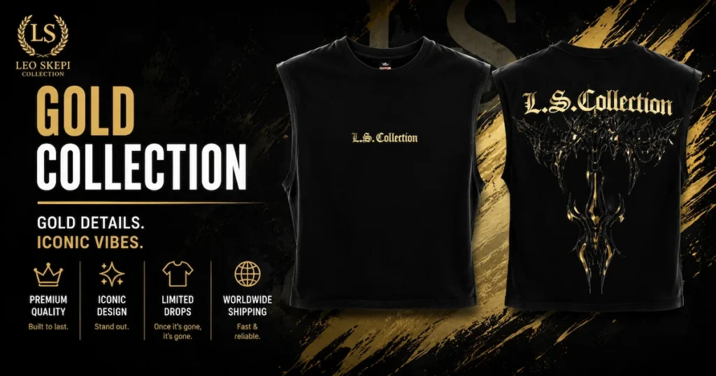 Leo Skepi Gold Collection cutoff tank tee with gold L.S. Collection graphic on black fabric