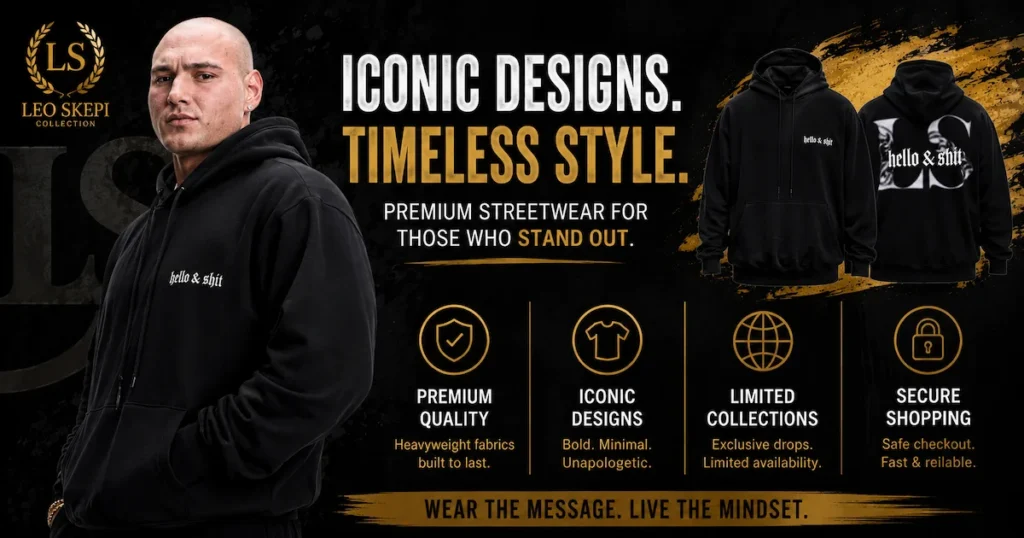 Leo Skepi wearing a Hello and Shit hoodie with streetwear branding showcasing iconic designs and timeless style