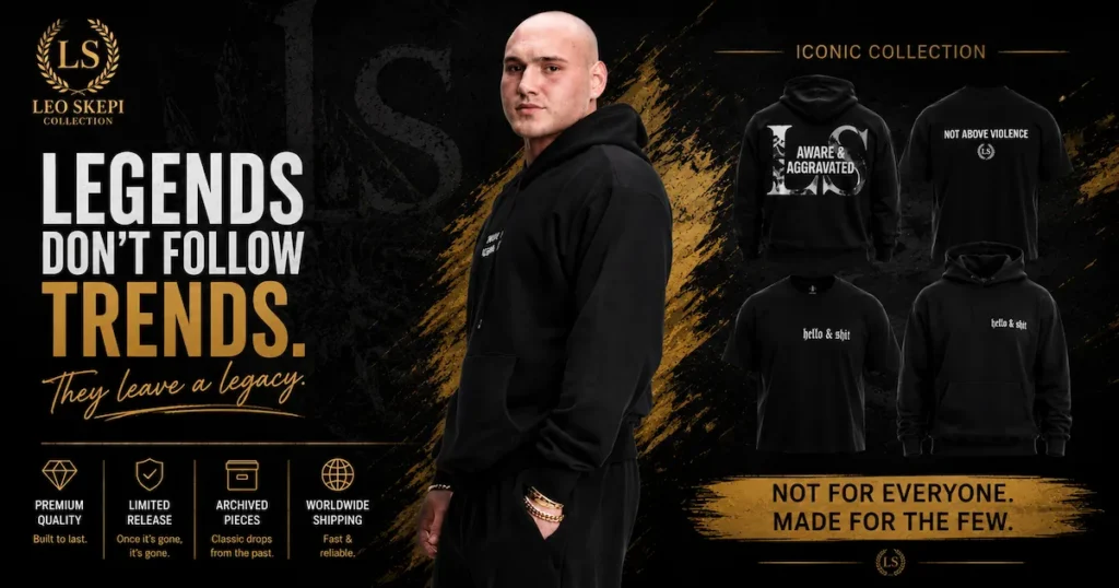 Leo Skepi iconic collection hoodies featuring Aware Aggravated Not Above Violence and Hello Shit designs