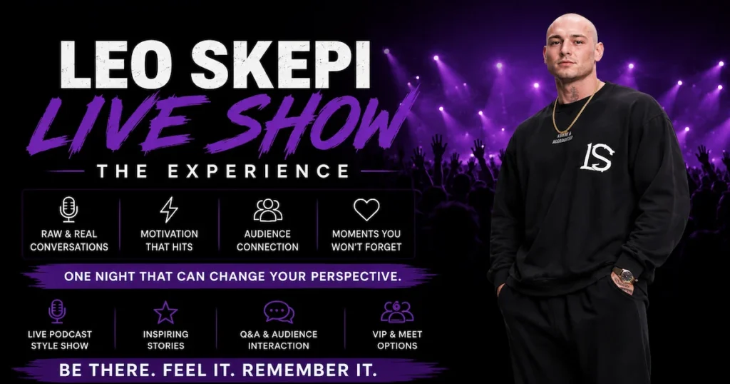 Promotional banner for Leo Skepi Live Show: The Experience, featuring Leo Skepi in a black outfit against a purple-lit concert crowd background, with icons highlighting key show features.