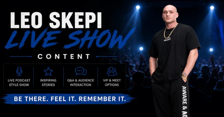 Promotional banner for Leo Skepi Live Show Content, featuring Leo Skepi in a black t-shirt and branded pants against a blue-lit stage backdrop with an audience crowd.