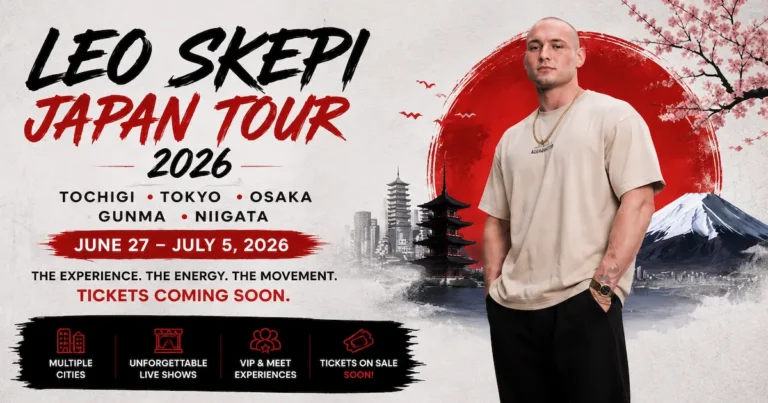 Leo Skepi Tour 2026 promotional banner showing multiple cities, live shows, VIP experiences and tickets on sale