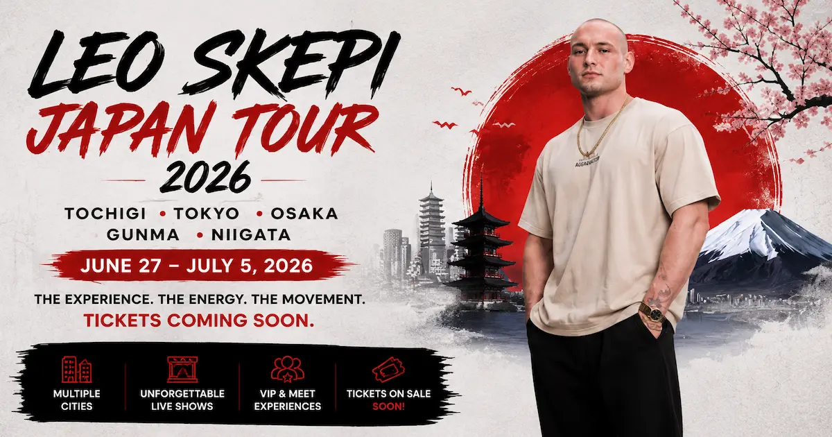 Leo Skepi Tour 2026 promotional banner showing multiple cities, live shows, VIP experiences and tickets on sale